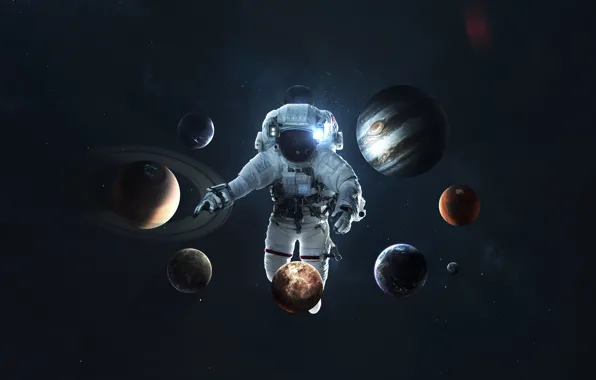 Картинка Сатурн, Луна, Космос, Земля, Планеты, Астронавт, Космонавт, Moon