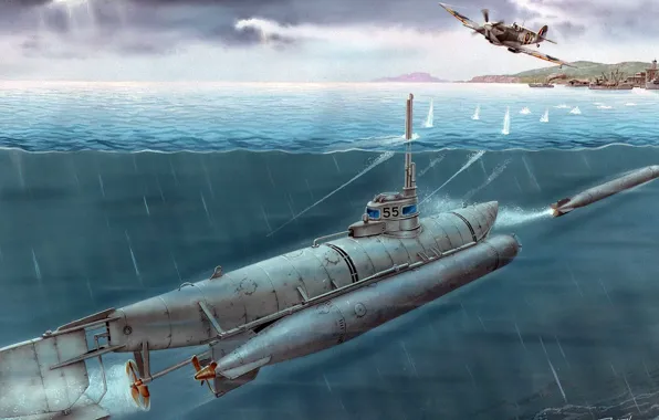 Картинка атака, Германия, торпеда, spitfire, пуск, Сверхмалая подводная лодка, Biber, Бибер
