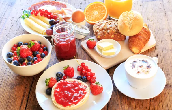 Картинка ягоды, кофе, завтрак, клубника, сок, выпечка, джем, нарезка