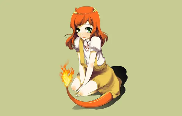 Картинка girl, Anime, green eyes, Pokemon, flames, Charmander