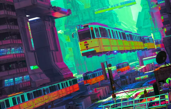 Цвет, Город, Поезд, City, Fantasy, Art, Фантастика, Транспорт