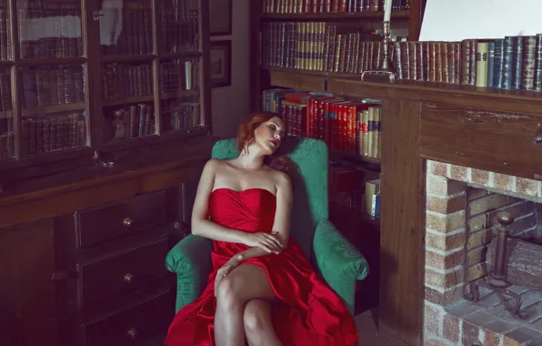 Картинка девушка, лицо, комната, красное, книги, макияж, платье, ножки