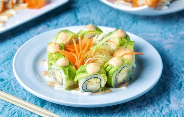 Стол, еда, палочки, тарелка, голубой фон, суши, салат, роллы