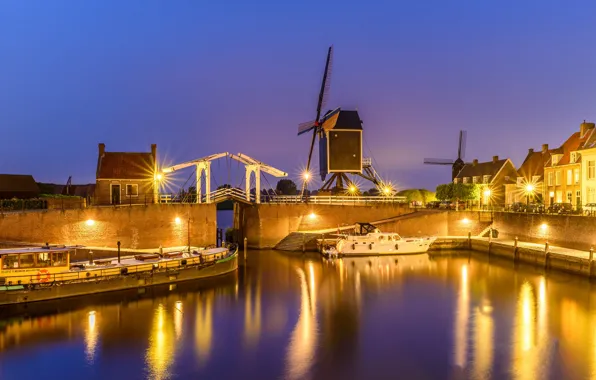 Ночь, мост, огни, канал, Нидерланды, шлюз, ветряная мельница, Хёсден