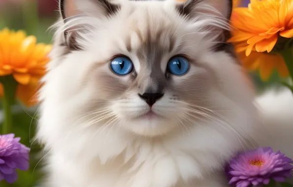 Кошка, кот, взгляд, цветы, котенок, портрет, мордашка, рэгдолл