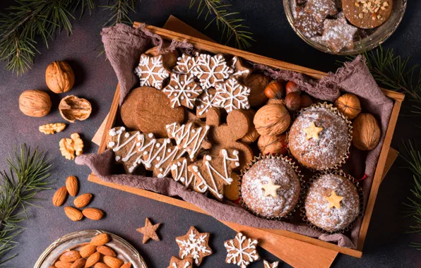 Картинка коробка, печенье, Рождество, Новый год, орехи, кексы