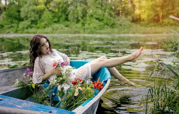 Картинка лето, девушка, цветы, озеро, лодка, Valerie