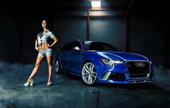 Картинка Audi, Girl, Car, Legs, Blue, Smoke, Sport, RS6