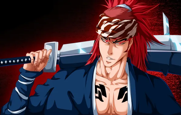 Картинка sword, game, Bleach, sky, red hair, long hair, anime, red eyes