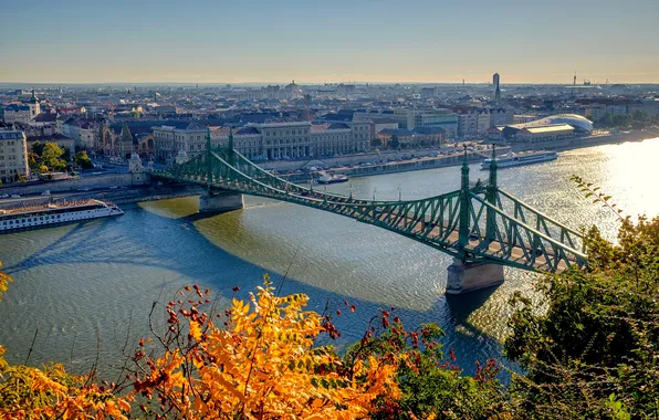 Картинка осень, деревья, мост, город, река, корабли, панорама, Венгрия