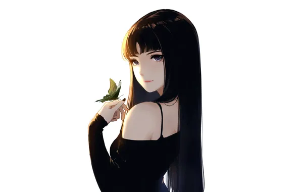 Girl, sexy, blouse, long hair, boobs, anime, butterfly, beautiful