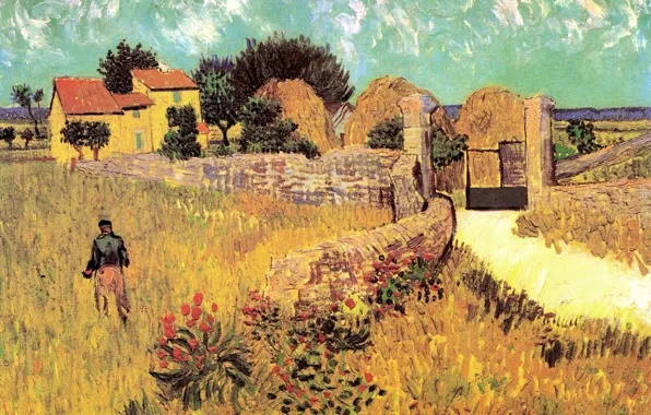 Цветы, дом, ворота, мужчина, Винсент ван Гог, Farmhouse, in Provence