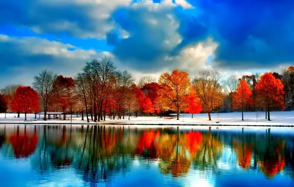 Картинка осень, небо, облака, снег, деревья, пруд, река