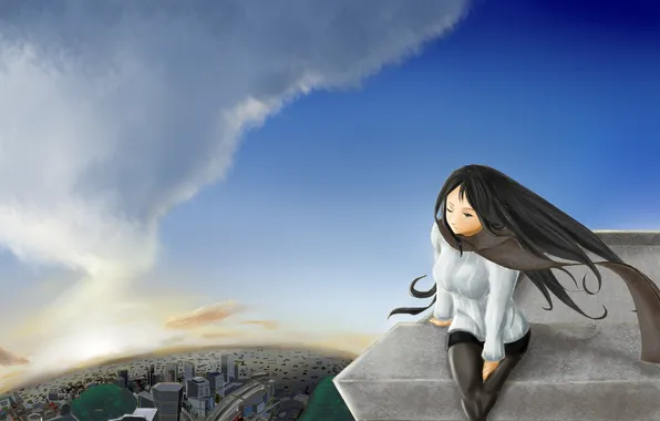 Картинка небо, девушка, облака, город, вид, высота, арт