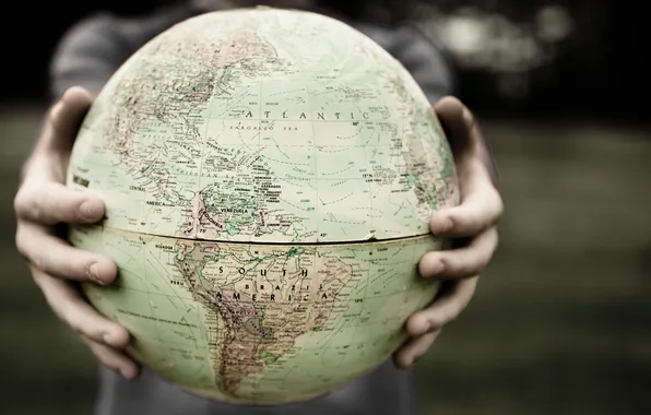 Мир, карта, руки, пальцы, глобус, Южная Америка
