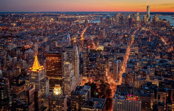Картинка город, огни, Нью-Йорк, вечер, США