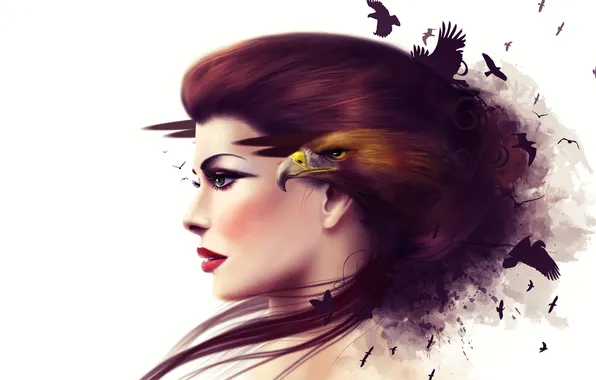 Картинка взгляд, девушка, птицы, ресницы, волосы, макияж, белый фон, профиль