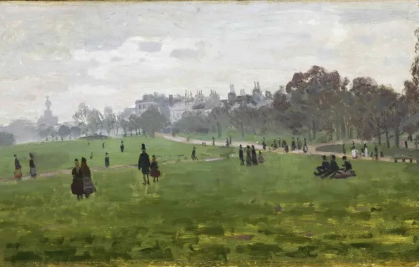 Картинка трава, деревья, парк, люди, отдых, лондон, картина, прогулка