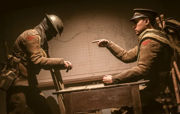 Стол, карта, солдаты, Electronic Arts, Battlefield 1