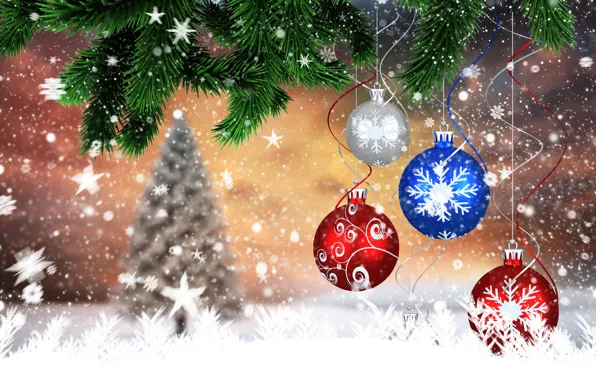 Снежинки, шары, елка, новый год, рождество, 2015