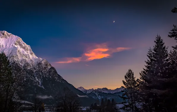 Небо, деревья, горы, Германия, Бавария, Альпы, Germany, Bavaria
