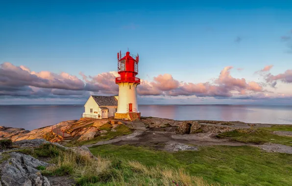 Море, вода, облака, закат, побережье, маяк, Норвегия, Norway