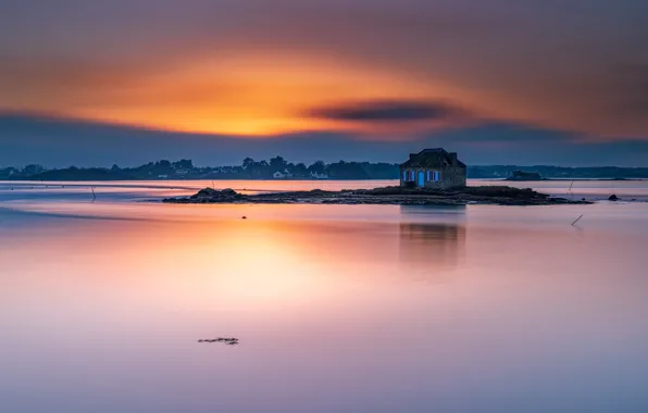 Картинка закат, озеро, дом