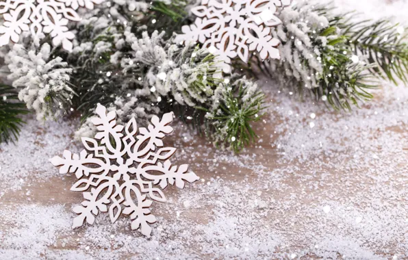 Картинка снег, снежинки, Новый Год, Рождество, Christmas, wood, snow, New Year