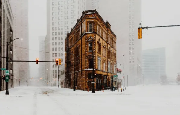 Картинка зима, снег, город, дома, США, улицы, пурга