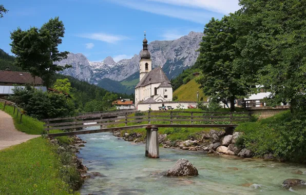 Картинка горы, мост, река, Германия, Бавария, Альпы, церковь, Germany