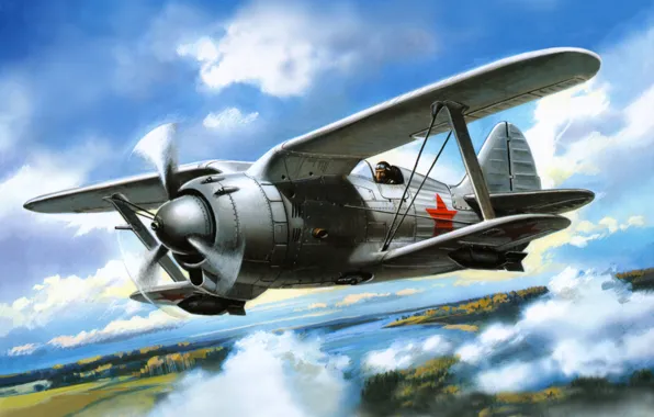 Небо, рисунок, истребитель, арт, взлёт, советский, полутороплан, И-190