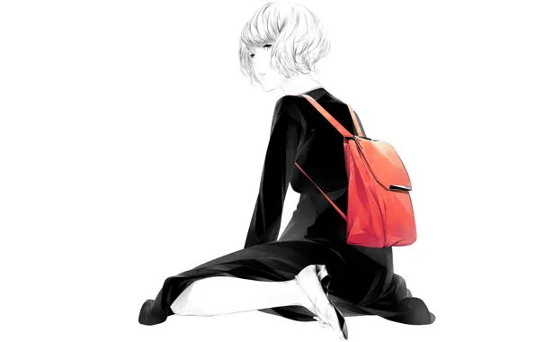 Девушка, сидит, art, sawasawa, красный рюкзак