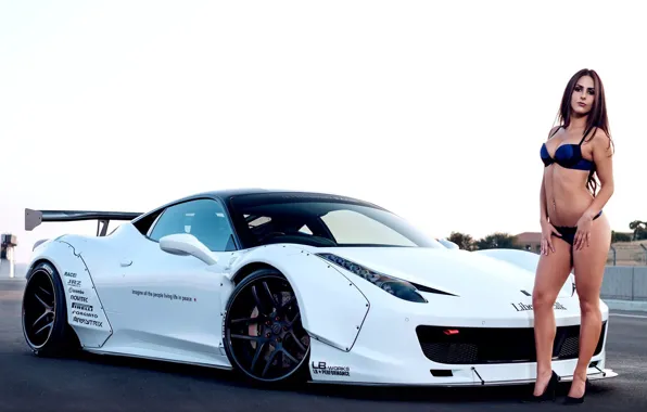 Взгляд, Ferrari, Эротика, красива девушка, белый авто, позирует над машиной