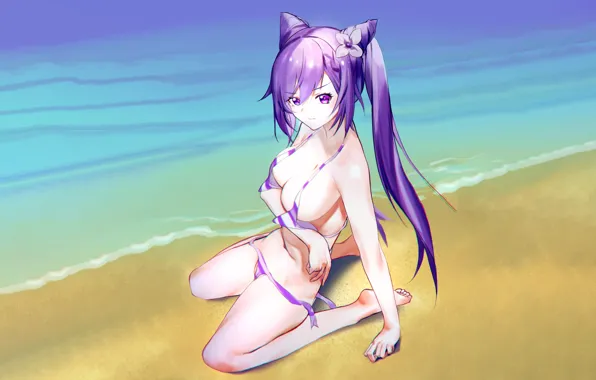 Girl, sexy, cleavage, beach, flower, long hair, legs, sea