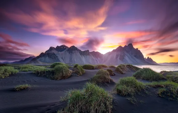 Картинка пляж, небо, облака, горы, Исландия, Стокнес