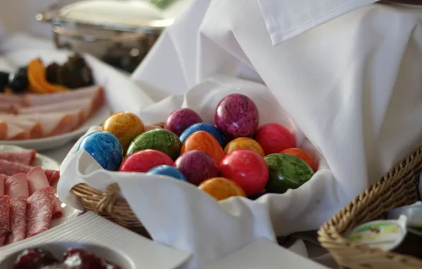 Стол, праздник, белое, яркие, яйца, полотенце, весна, Пасха