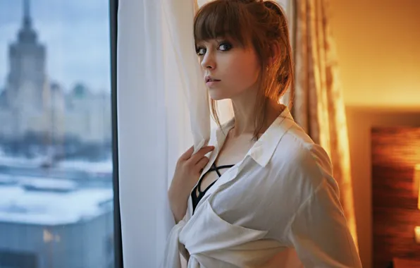 Картинка взгляд, девушка, окно, рубашка, Оля Пушкина, Sergey Fat, Сергей Жирнов