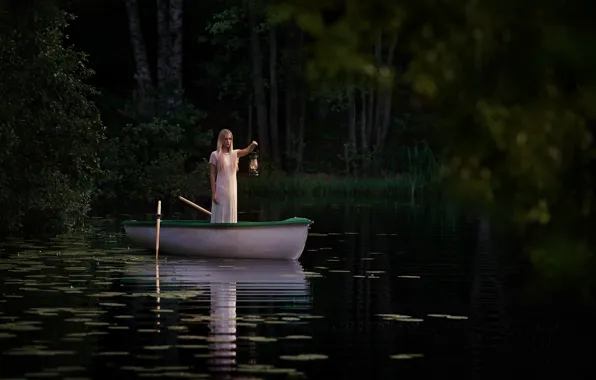 Картинка девушка, лодка, лампа, The Lake, Jörgen Petersen