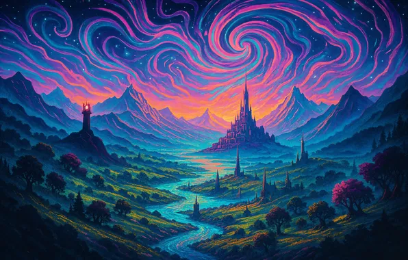 Деревья, горы, река, волшебство, красота, сказка, неон, мистика