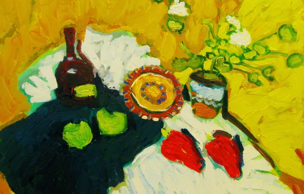 Картинка 2008, тарелка, натюрморт, красный перец, зелёные яблоки, Петяев, бутылка коньяка