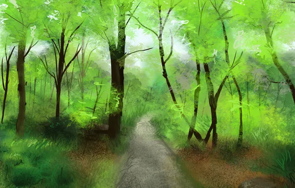 Картинка лес, деревья, природа, арт, дорожка, тропинка
