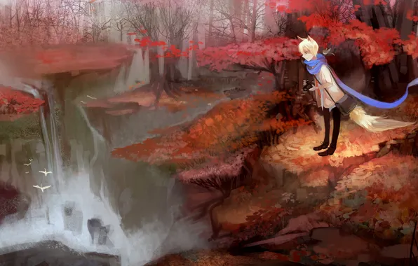 Картинка осень, лес, девушка, птицы, водопад, лиса
