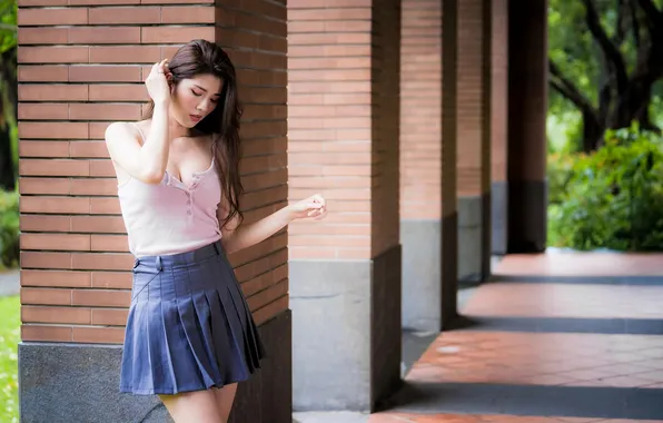 Картинка girl, young, beautiful, model, asian, long-haired, tank top, mini skirt