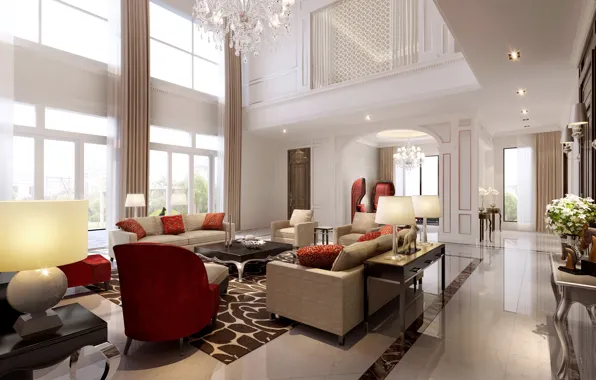 Villa, luxury, white living room