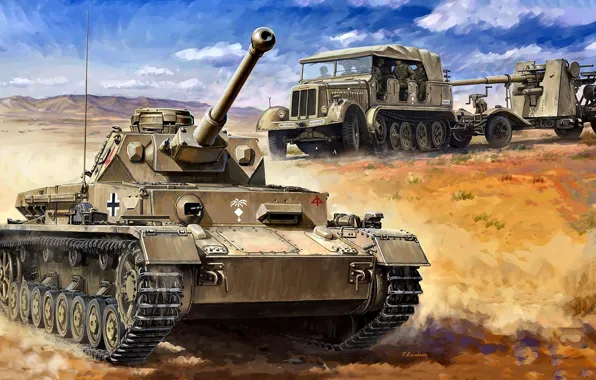 Картинка Танк, Тягач, Зенитное орудие, Вермахт, DAK, 15.Panzer-Division, Pz. VI Ausf. F2, 8.8 cm Flak 18/36/37