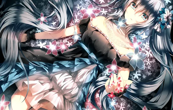 Картинка девушка, цветы, ленты, аниме, арт, vocaloid, hatsune miku, бант
