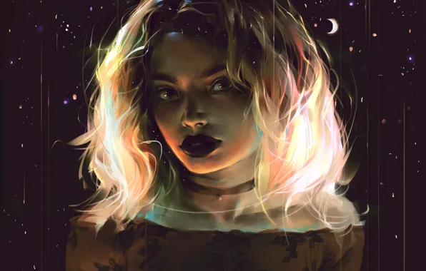 Картинка девушка, звезды, месяц, by Vetyr