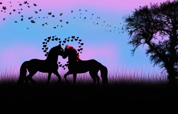 Любовь, лошади, сердечки, картинка