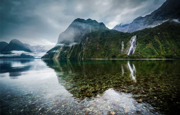 Горы, озеро, камни, дно, Новая Зеландия, New Zealand