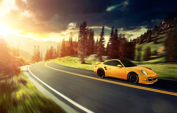 Картинка солнце, горы, жёлтый, 911, Porsche, порше, yellow, Turbo